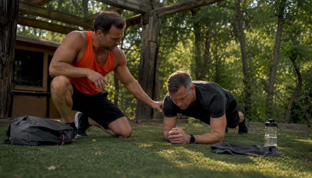 Fitness coach instructing RKC plank technique